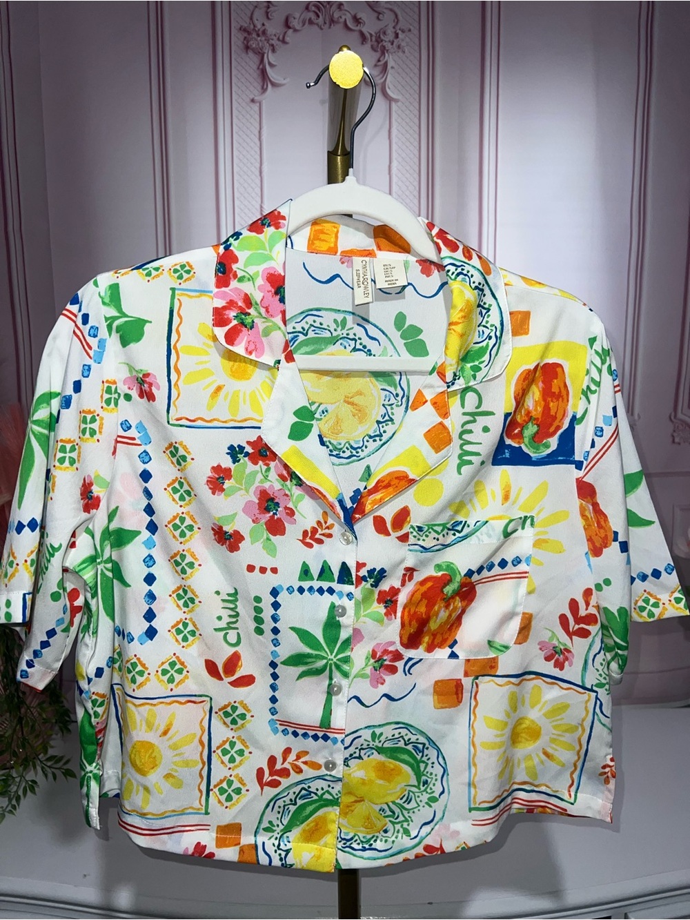 Cynthia Rowley Cropped Pajama Top Chili Lemon Pepper - Picture 2 of 4